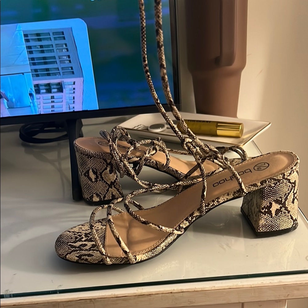 Boohoo Snakeskin Tie Up Block Heel Sandals